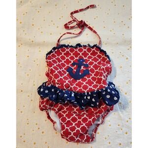 Red‎ White Quatrefoil Anchor One Piece Swimsuit Girls 2T Nautical Ruffle Halter